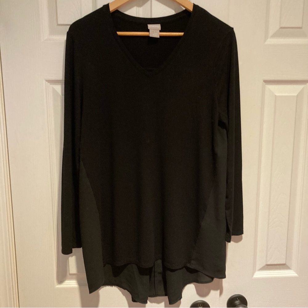 Chico's 1 Women’s Black Long Sleeve Multi Fabric V-Neck Tunic Top Size M